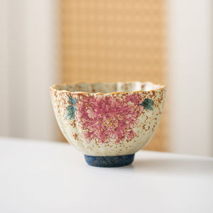 青花火石红陶瓷茶杯手绘描金主人杯单杯高档家用复古品茗杯菊瓣杯