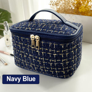 Knitting Tweed Cosmetic Bag Organizer Make up Bag Large Make up Pouch Portable Travel Toiletry Bagmake up pouch Lovito Tas Rias Gaya Hepburn Kapasitas Tinggi