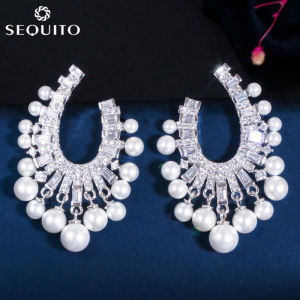 SEQUITO Temperament Elegant Cubic Zirconia Large Tear Drop with Freshwater Pearl Tassel Dangle Earrings for Wedding Women Bridal Prom Party Jewelry SE130