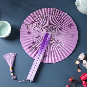 CYI47 ic Plastic Handle Round Folding Hand Fan Shell-Shaped with Tassel Retro Handheld Fan Gentle Design Paper Dance Fan Home Decoration