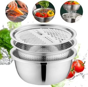 Germany Multifunctional Stainless Steel Basin 2026 Upgraded 3 in 1 Stainless Steel Basin Strainer Set with Grater Strainer Drain Basket for Rinsing Draining Mixing (L (11.81in))