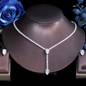 SEQUITO Delicate Ladies Jewelry Set Pave Setting Waterdrop Cut AAA Cubic Zircon Top Quality Engagement Stud Earrings Long Pendant Necklace SJ395