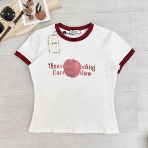 เสื้อครอปคอกลมแขนสั้น เสื้อยืดคอกลมสกรีนลาย แอปเปิ้ล แต่งสีสลับ เกาหลี สีขาว คาเฟ่ น่ารัก G-rose (G021)