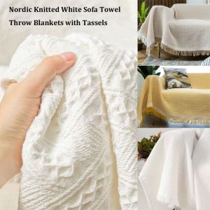 VERMILL Nordic Knitted White Sofa Towel Anti-slip Multi-purpose Vintage Cotton Blankets with Tassels Bedspread Cover
