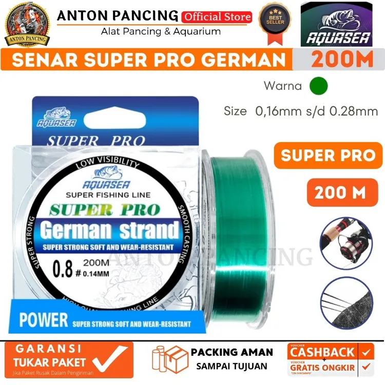 Tali Pancing Super Pro German Strand 200m Senar Pancing Premium Green Color Invisible  Bahan Nilon
