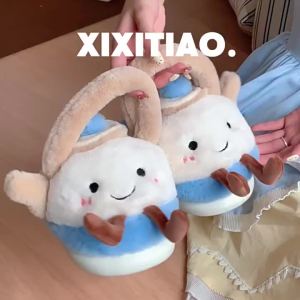 WY-XIXITIAO Indoor Warm Cotton Slippers Plush Shoes for Female Students Winter Bedroom Home Warm New Cute Creative Kettle Bag Heel Cotton Slippers