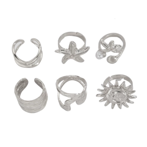 6Pcs Set Creative Irregular Sunflower Starfish Open Rings for Women and Men Adjustable Goth Gold Color Finger