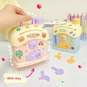 Cute Little Bear Bank Anime Cartoon Square House Money Boxes Piggy Bank with Lock and Key for Notes Children Xmas Birthday Gift
