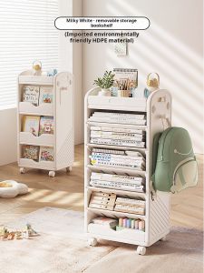 SG Seller - Double Sided High Capacity Six-Compartment Bookshelf Children Room Library School Toddles Bookshelf with Pen Pocket Bed Room Furniture Bookshelf Push able with 4 wheels