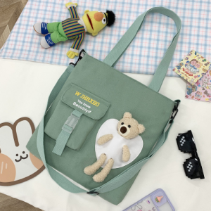 Women Student Canvas Tote Shoulder Crossbody Backpack Tote Bear Bag Wanita Beg Galas Sandang Tangan Perempuan