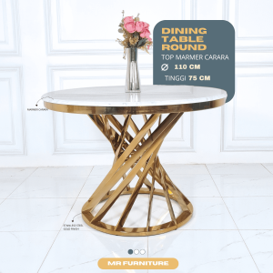 meja makan bulat top marmer krem kaki stainless