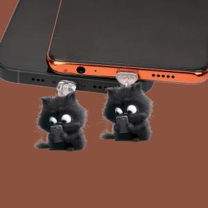 godessing 1 Piece Acrylic 2D Flat Pendant Cute Black Cat Phone Dust Plug Keychain For Phone Type-C Interface Dust Plug Accessory Decor