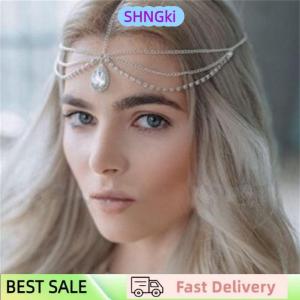 SHNGki Crystal Forehead Necklace Women Crystal Tassel Hair Chain Tiara Water Drop Hair