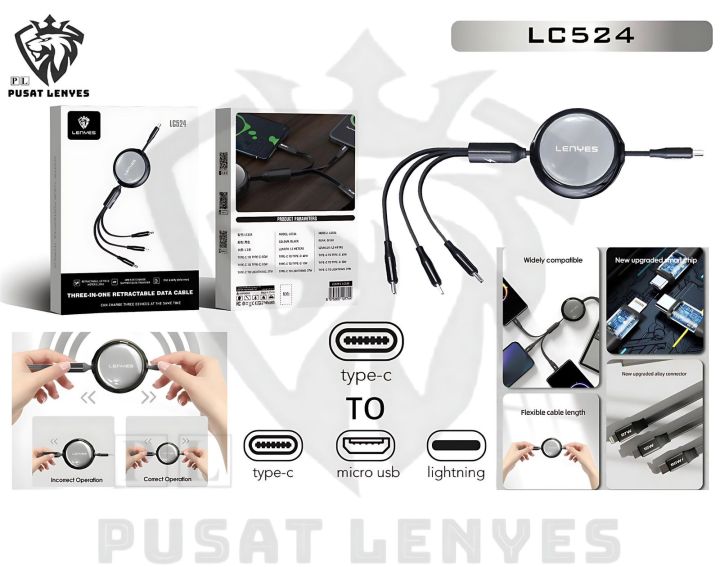 LC524 - Kabel Data LENYES LC-524 cable Data 3 in 1 Fast Charging 60W Data Cable Type C To Type C Lightning 1.2 Meter