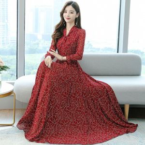 FANMU New Floral High -Waisted Long -sleeved dress korea/Slim Chiffon Maxi Dress