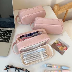 Giorgione pencil case pouch Storage Korean Pink Stationery Bag Pink Cloth Large Capacity Solid Color Pencil Pouch Simple Toiletry Bag Aesthetic Multilayer Pencil Case Lady