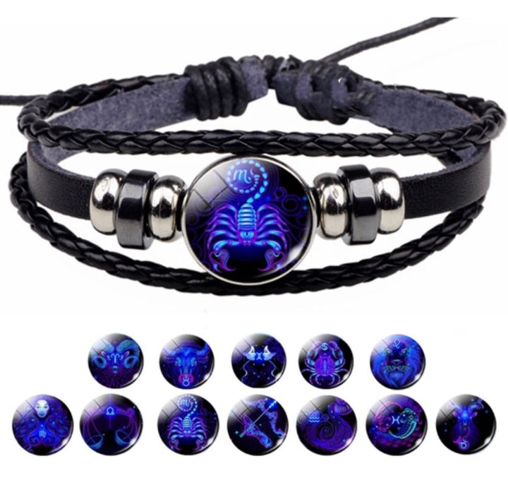 12 Constellation Zodiac Braided Bangle – Crystal Bead Bracelet, Unisex Horoscope Jewelry