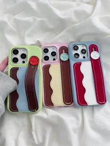 Korean Luxury Candy Color Phone Case With Insert Card Portable Wrist For iPhone 16 15 14 13 Pro Max 15 14 16 13 Pro Back Cover