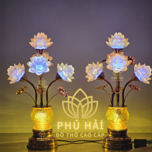 Đèn Thờ 5 Bông Hoa Sen Lưu Ly Đổi Màu Mẫu Bát Tụ Bảo Tài Lộc - Cao 56 Cm HCM TẶNG LED CAO CẤP