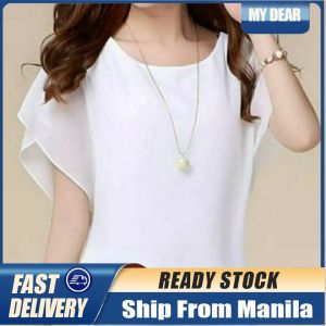 Womens Blouse Solid Short Sleeve Ruffle Chiffon Blouse Plus-size Shirt