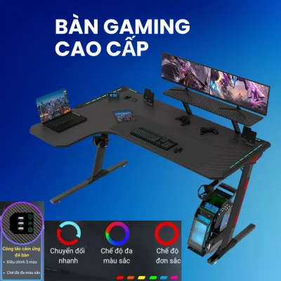 Bàn gaming chữ L cao cấp viền bàn có đèn LED mặt bàn kết cấu sợi carbon chống trượt chống mài mòn