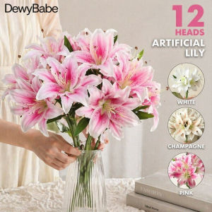 DewyBabe Artificial Lily Bouquet Silk Flowers 12 Heads Lifelike Fake Floral For Wedding Home Vase Decor