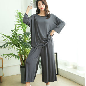 Ready stock）Large Size Home Suit Womens Autumn New Loose Long-sleeved Pajamas Two-piece Set Nine-point Wide-leg Pants Pajamas for Women