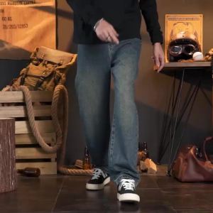 American Mens Y2K Retro Blue Denim Jeans Autumn Spring Relaxed Fit Korean Streetwear Casual Wide-leg Pants with Spliced Pockets