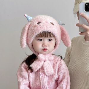 NEXTYOO Windproof Knitted Hat Thickened Lining Long Eared Rabbit Plush Beanie Cute Winter Warm Cartoon Pullover Cap for Kids
