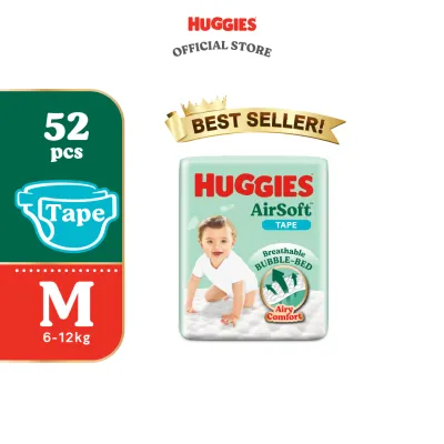 Huggies Airsoft Tape Diapers M52/L44/XL38 (1 pack) - Breathable and soft premium diapers for baby