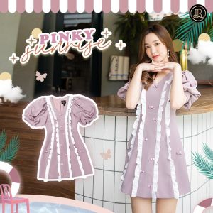 BLT BRAND การันตีเสื้อผ้าแบรนด์แท้ มินิเดรสสีม่วงแขนตุ๊กตา ระบายขาว PINKY SUNRISE
