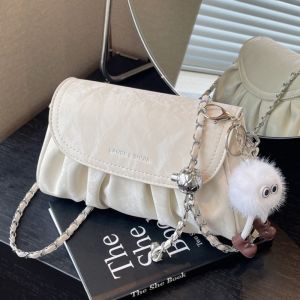 MZP ชายขอบดำ กระเป๋าหนัง PU วินเทจ มินิมินิ กระเป๋าสะพายแบบจีบ พักผ่อนยามว่าง แฟชั่นสำหรับผู้หญิง สาวๆ