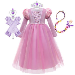 Winter Velvet Dress Girls Rapunzel Princess Costume Children Long Sleeve Tulle Frock Kids Tangled Pink Fluffy Gown Purim Clothes