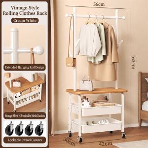 SPACEMADER Rolling Clothes Rack with Storage Shelves and Wheels Mobile Garment Rack Bedroom Wardrobe Organizer with Hanging Rail Side Hooks and Wood Top