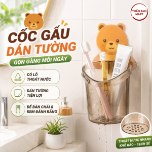 Cốc Gấu Dán Tường Đa Năng Để Bàn Chải Đánh Răng - Nhựa ABS Cao Cấp Chịu Lực 5Kg Có Lỗ Thoát Nước