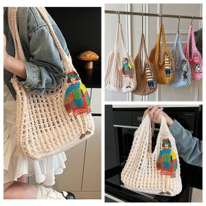 MOIRA โบฮีเมียน กระเป๋าถักนิตติ้ง กระเป๋าสะพายไหล่แบบสั้น โหลออก กระเป๋าสานทอ แบบพกพาได้ ถุงเก็บสัมภาระ กระเป๋าโท้ทโครเชต์ สาวๆ