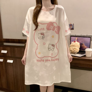 2025 Cute Hello Kitty Womens Sleep Tops Summer Ice Silk  Thin Short Sleeve Female Sleeping Skirt Pregnant Pajamas Dress Summer