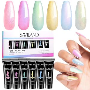 SAVILAND Hema-Free Poly Gel 6 Iridescent Colors for Nail Extension Art 6 Iridescent Color 28-Day Lasting Smooth Flow Easy Shaping Prevents Bubble Plant-Based Formula DIY Nail Art Salon Use