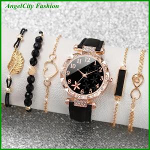 AngelCity Fashion Store 6pcs set Womens Watch Casual Flower Quartz Watch PU Leather Wrist Watch Bracelets Combination Set Jewelry Gift For Women Girl