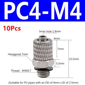 NOER 10Pcs M3 M4 M5 M6. Khớp nối xoắn nhanh Micro Chủ đề nam 3mm 4mm 6mm đường kính ngoài Đầu nối ống khí nén Bền bỉ PL/PC Đầu nối ống khí
