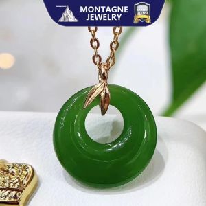 Montagne Jewelry 18K Pure Gold necklace for women Elegant Design Fine Jewellery Natural 19x16mm Grade A Green Jade Pendant Necklace