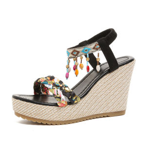 [Free Shipping] Plus-size Bohemian sandals for women in stock summer wedge-heeled thick-soled sandals new fish-mouth sandals for women