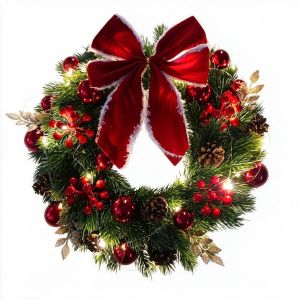 RANZH With LED Light and Bow Christmas Wreath Artificial Pinecone Red Berries Large Size Christmas Garland Holiday Decorations Plastic Xmas Door Hanging Window
