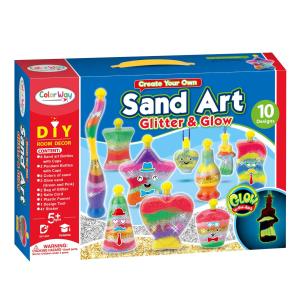 10 Bottles DIY Sand Art Kit Kids STEM Craft Toy Set including Glow-in-the-Dark Sand Art Glitter Packets Stickers Bottles and Pendants