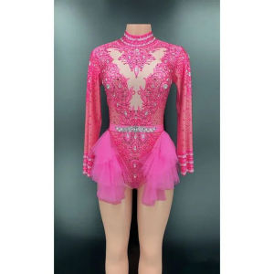 Sparkly Rhinestones Pink Lace Bodysuit Women Long Sleeve Birthday Party Outfit Dance Costume  Show Performance Stage Wear