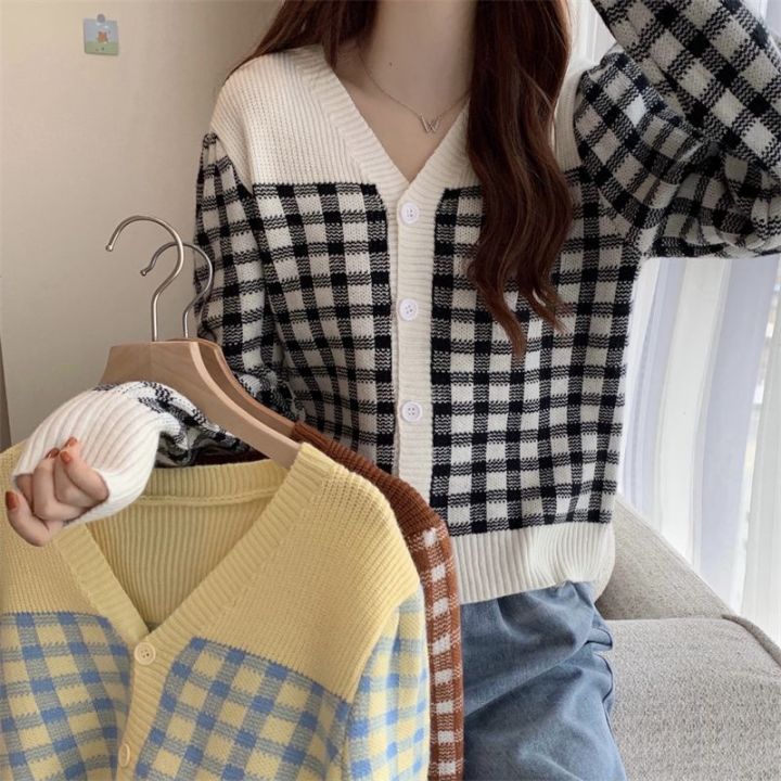 DD SHOP'พร้อมส่ง' 88091 เสื้อไหมพรม แขนยาว คอวี ลายตาราง ผ้านิ่มหนาใส่ ...
