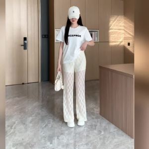 Ammin 2024 Mùa Xuân/Mùa Hè Ban Đầu Thêu Móc Ren Quần Rộng Chân Rộng Của Phụ Nữ phong cách Hàn Quốc Căng Đàn Hồi Cao Eo quần xuông