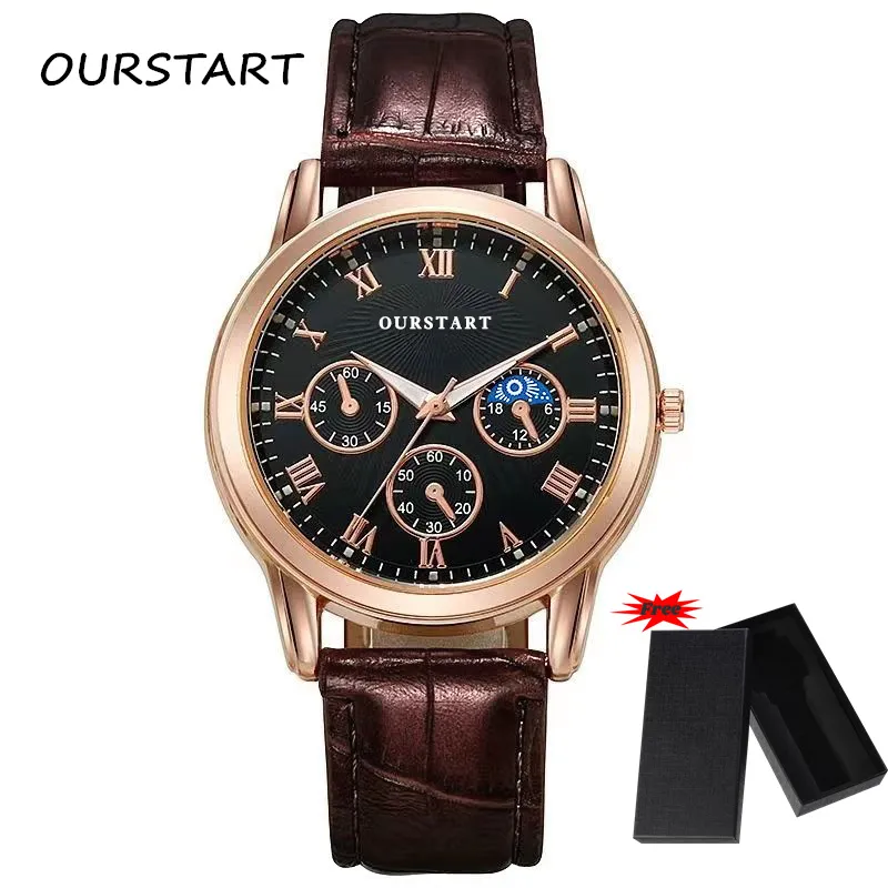 【With Box】Ykai Fashion Men's Watches Casual Calendar Luminous Leather Strap  Quartz Waterproof Men Watches PD688