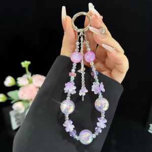 MINIFELE 262 Korean Style Mobile Phone Lanyard Anti-Loss Butterfly Petal Design Crystal Beaded Lanyard Luxury Phone Accessory Phone Wrist Strap Gift