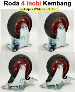 Roda kembang 4 inchi karet (4pcs:2HRem+2Mati) Roda troli etalese pertukangan gerobak rubber